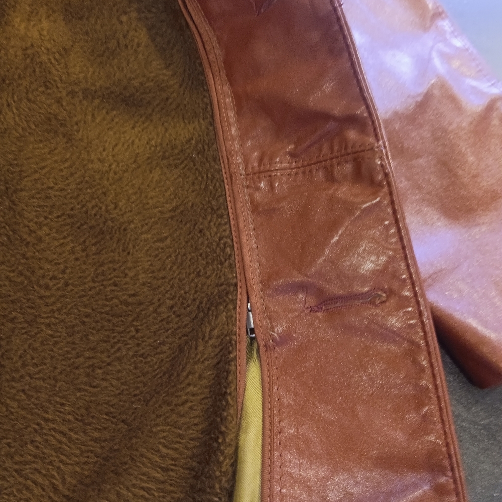 Vintage Genuine Leather faux fur lined leather coat. Boho retro Dark orange. !! - Picture 7 of 10